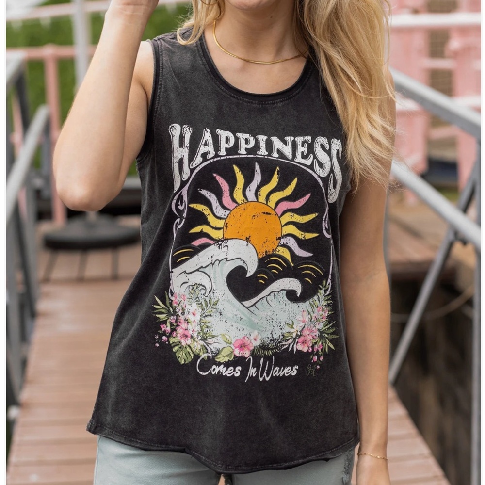 NWT Grace & Lace Mineral Washed Black Graphic Tank Top - Happiness